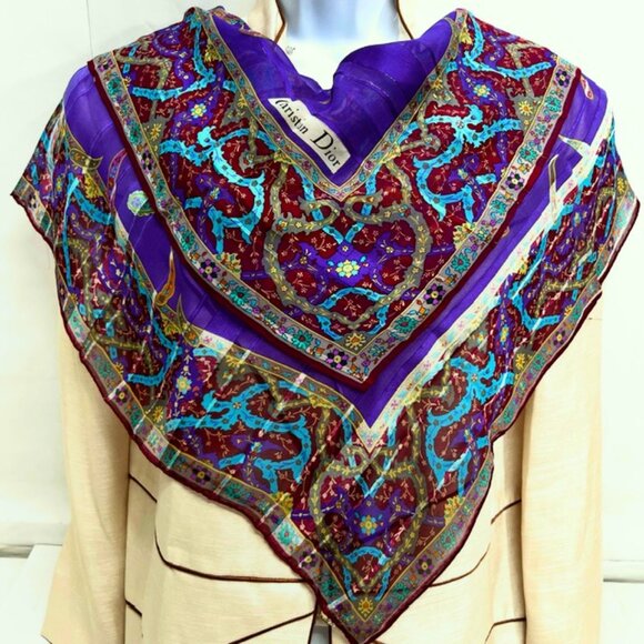 Unused Christian Dior Soft 00% Silk Scarf Chiffon & Satin Paisley Floral 31" (21 - Picture 3 of 7